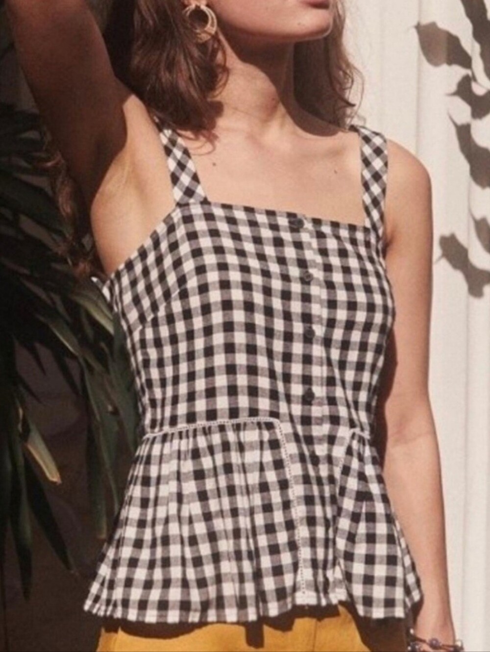 Sezane Black & White Gingham Button-Front Peplum Cami